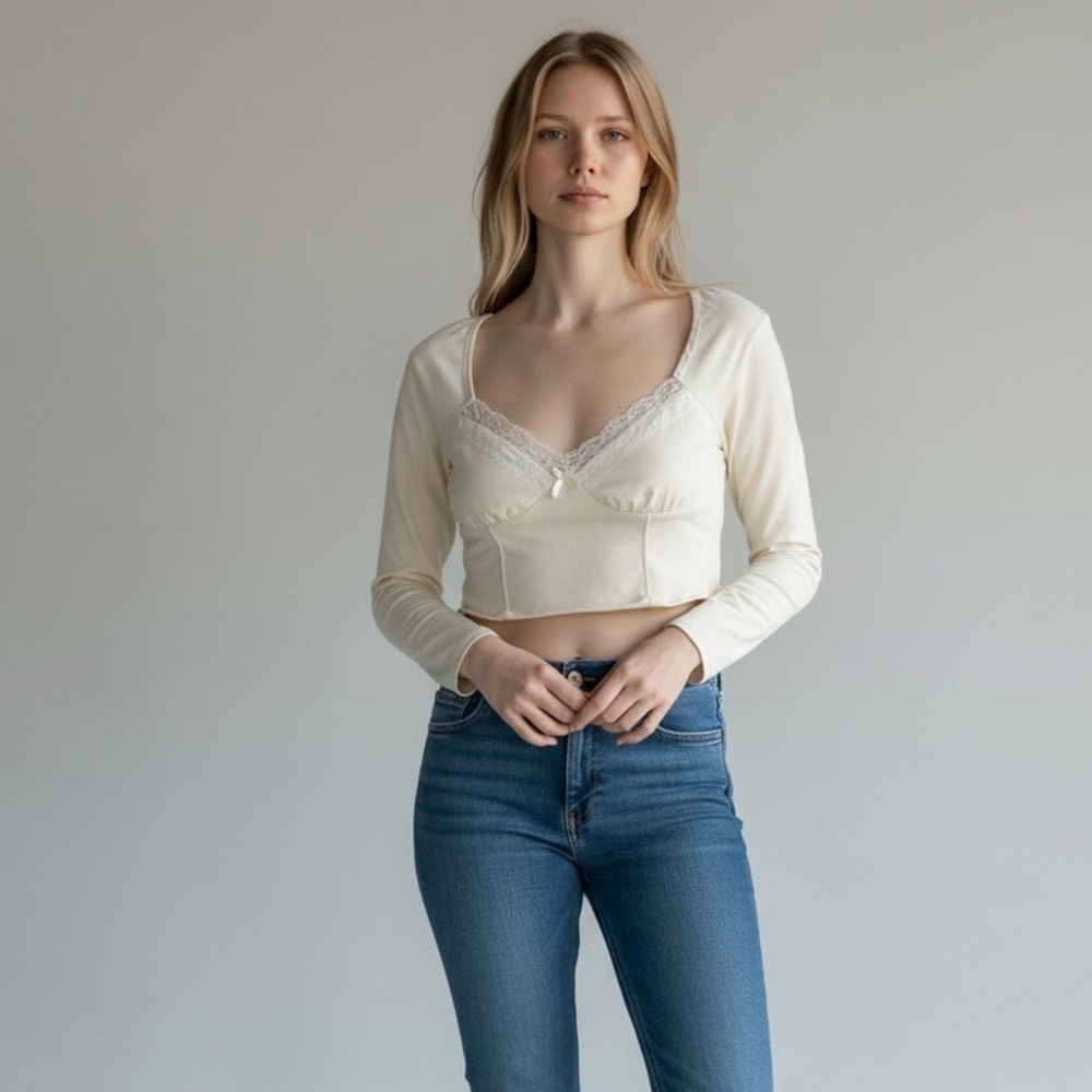 Princess Polly White Lace Trim Long Sleeve Crop Top Cottagecore Coquette Size 6